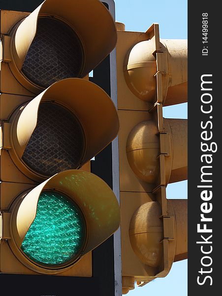 Closeup of traffic light showing the green light. Closeup of traffic light showing the green light