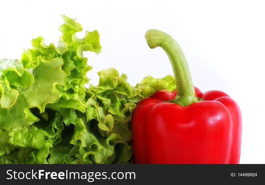 Red pepper with salad, isolated on white. Red pepper with salad, isolated on white