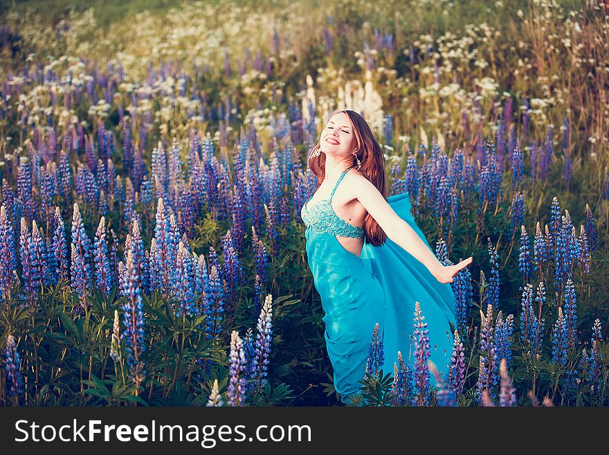 Young beautiful long-haired girl in a blue dress in a lupine is having fun and resting. Young beautiful long-haired girl in a blue dress in a lupine is having fun and resting