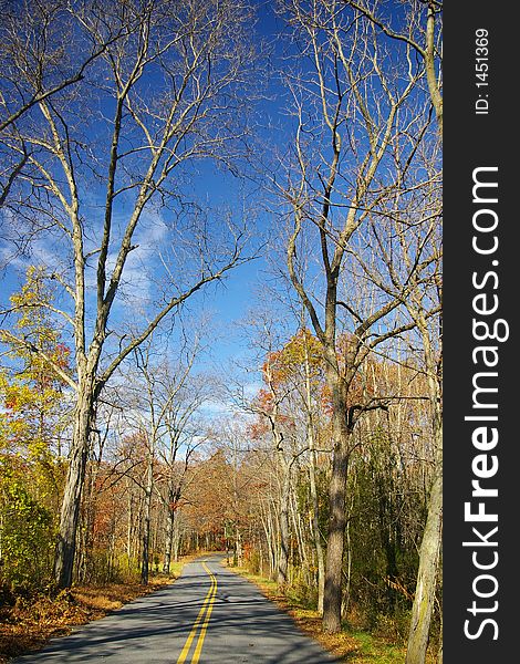 A macadem road into fall scenery in rural Pennsylvania. A macadem road into fall scenery in rural Pennsylvania