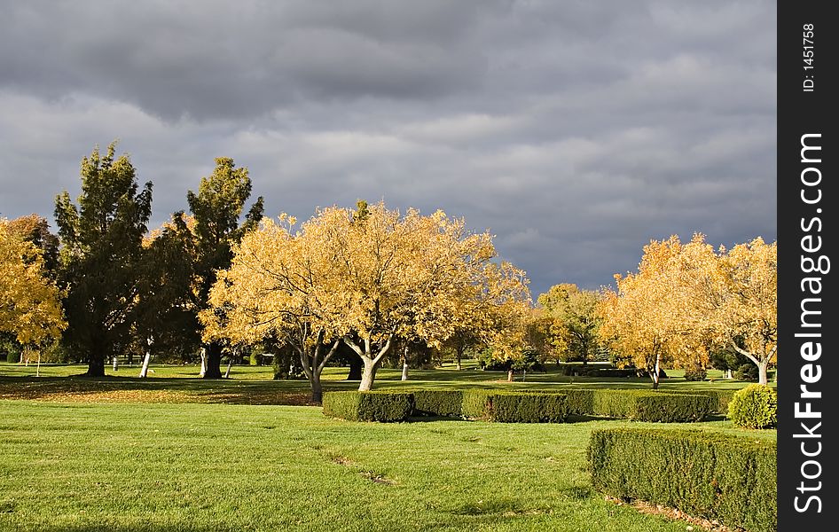 An impressive sky - clouds rolling in illuminated by a setting sun. Trees in autumn colors glow. An impressive sky - clouds rolling in illuminated by a setting sun. Trees in autumn colors glow.