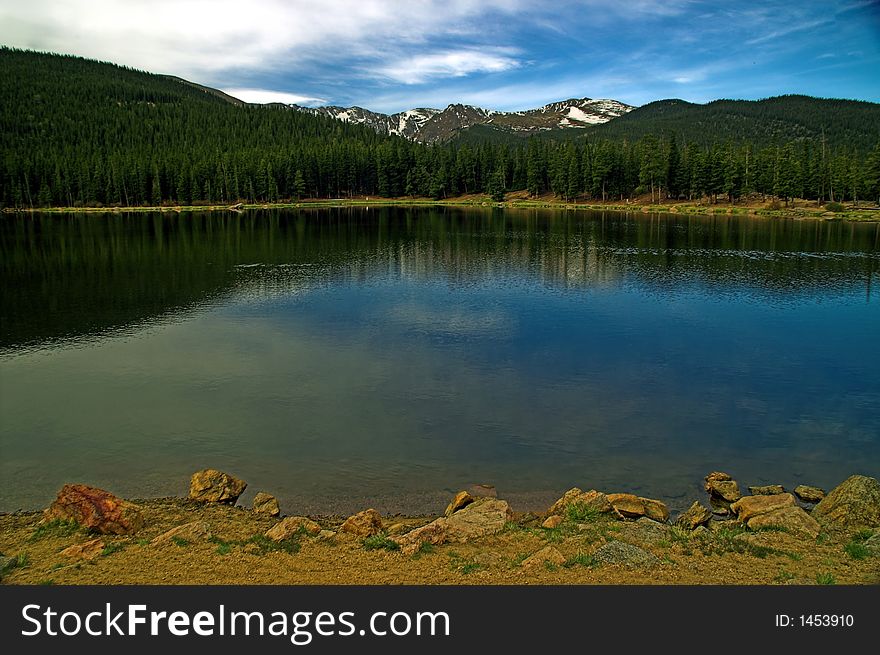 Colorado Mountains and lake with blue sky