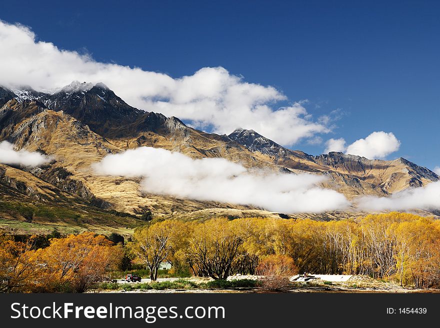 Beautiful mountain and trees in Autumn, New Zealand. Beautiful mountain and trees in Autumn, New Zealand