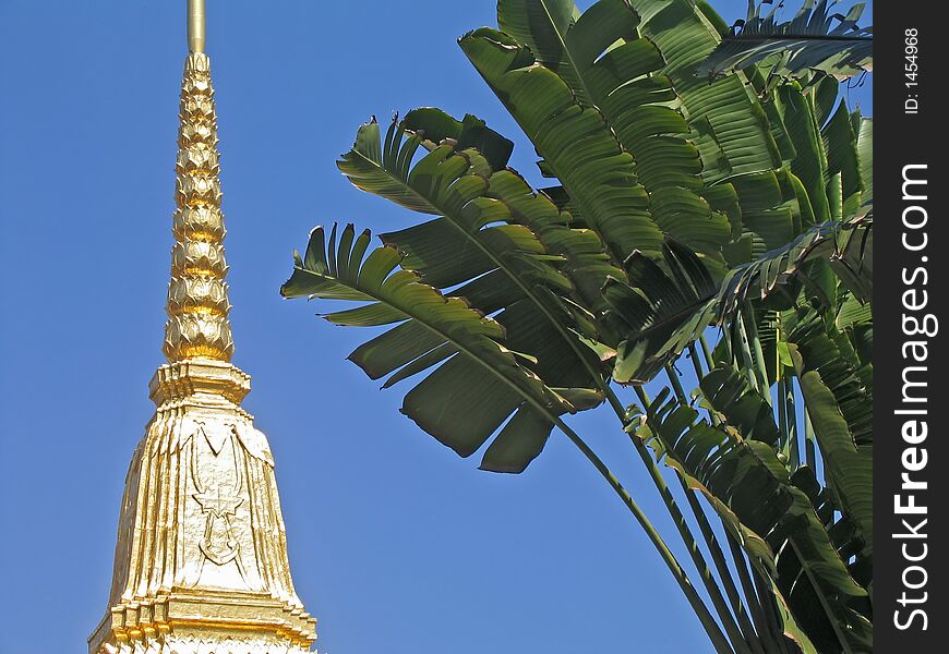 Temple in Bangkok with palm tree in foreground