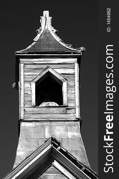 Old Wooden Church Steeple In Black And White