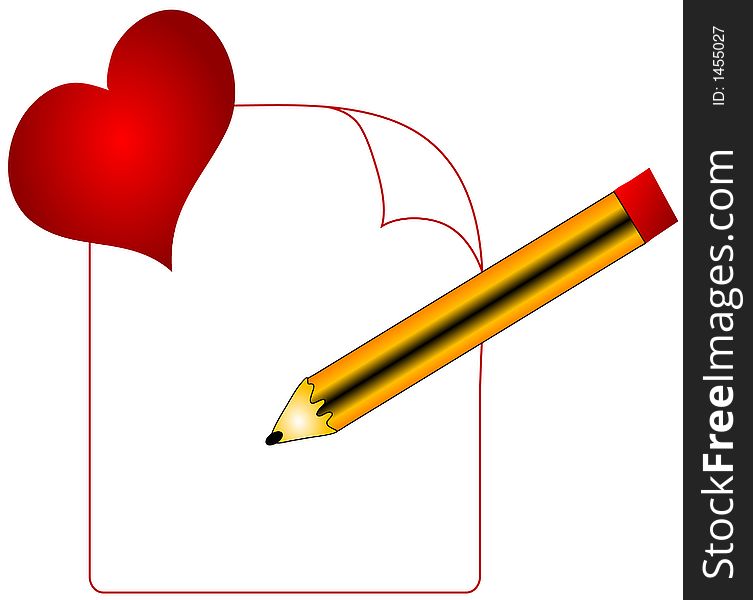 Blank love letter with a heart and pencil, graphic.