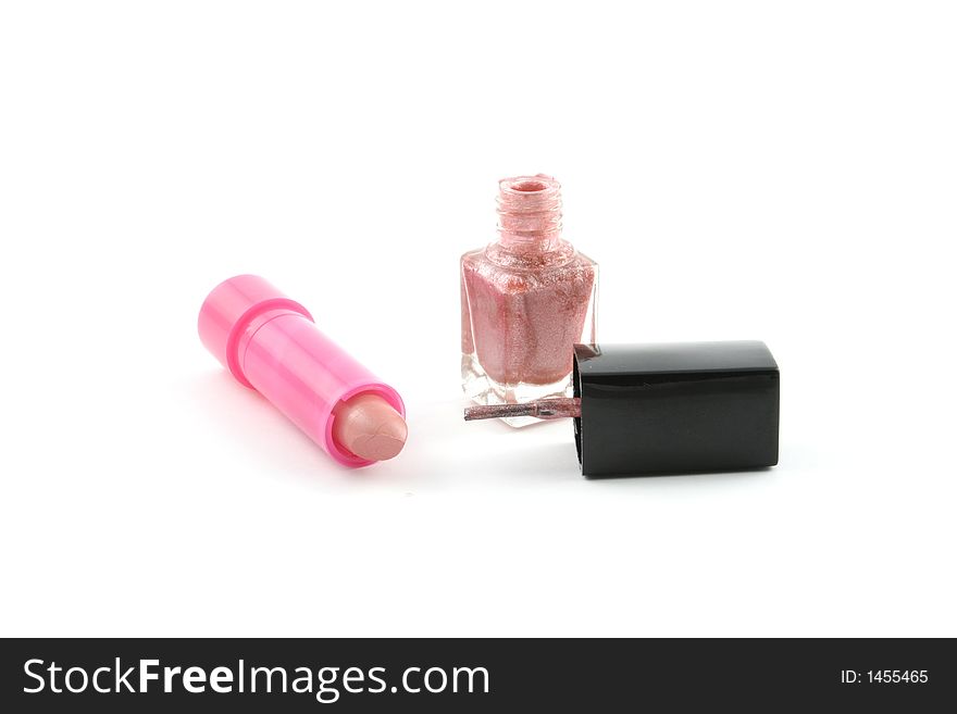 Lipstick and Nail Polish against a white background