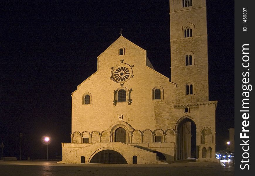 Night view of the facade of Trani Cathedral