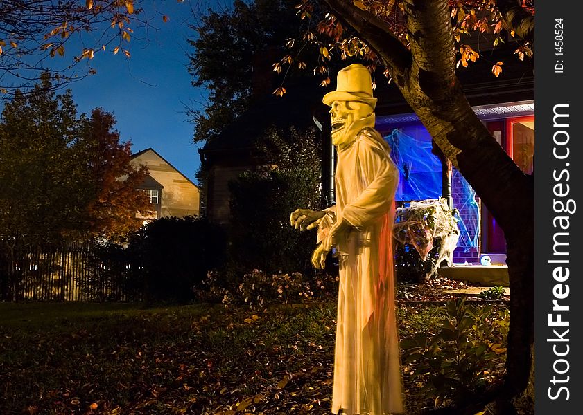 Halloween spook hanging in a neighbor's tree on Halloween night. Halloween spook hanging in a neighbor's tree on Halloween night.