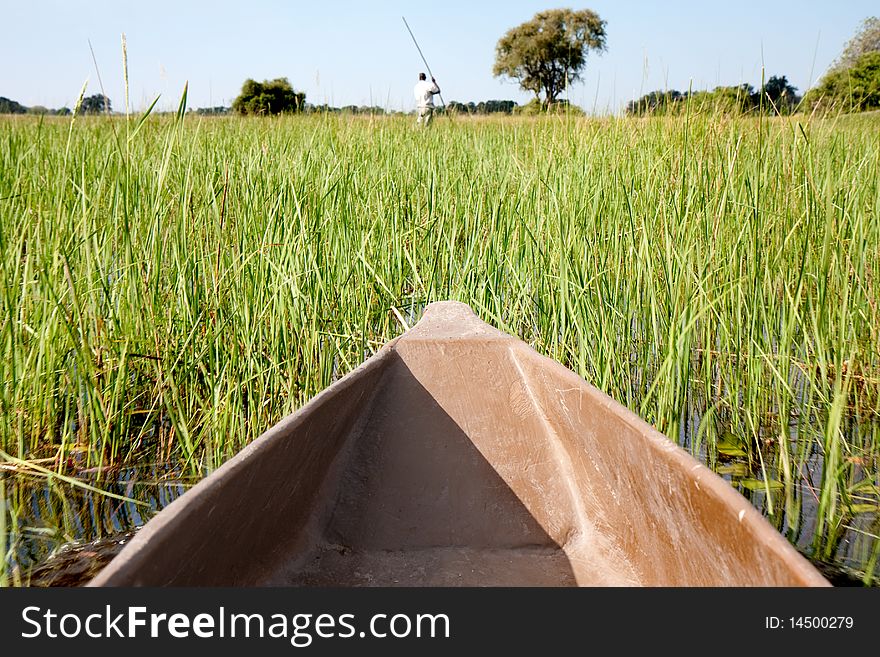 Riding in a traditional Okavango Delta mokoro canoe through the reed covered water. The figure in the top middle is out of focus to avoid the need for a model release. He could easily be cloned out but was left in to add interest to the image. Riding in a traditional Okavango Delta mokoro canoe through the reed covered water. The figure in the top middle is out of focus to avoid the need for a model release. He could easily be cloned out but was left in to add interest to the image.