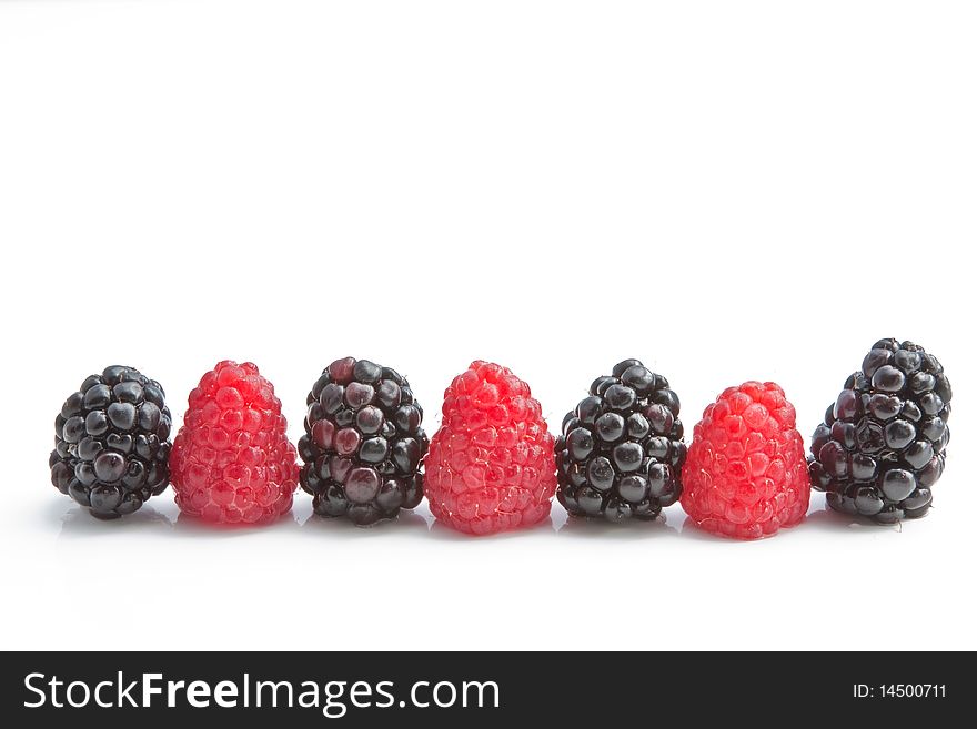 A row of raspberries & blackberries forming a border. A row of raspberries & blackberries forming a border