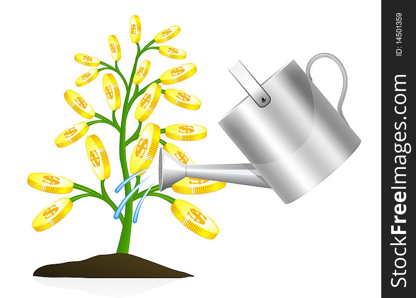 Money tree with watering can illustration on white background