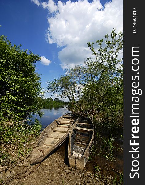 Landscape with boats on the large river. Landscape with boats on the large river