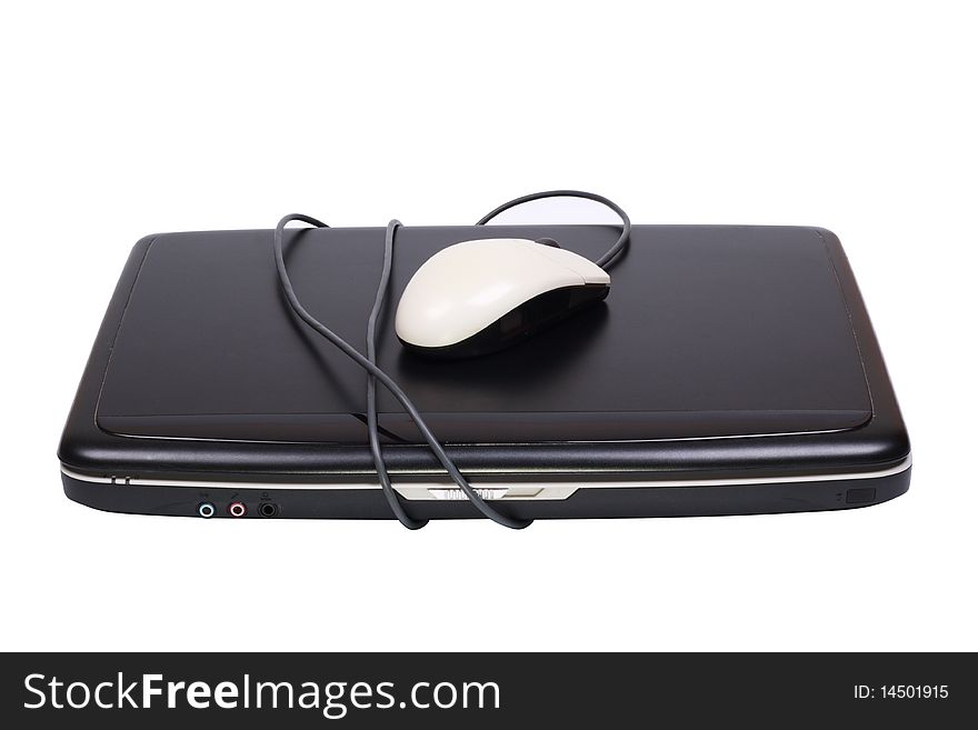 Laptop wrapped in a mouse. Isolated object on a white background