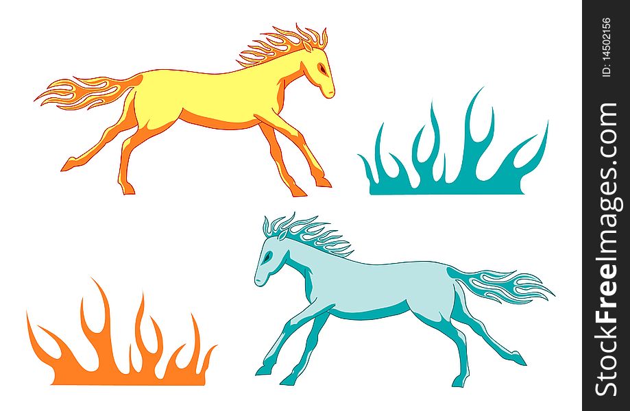 Blue and yellow fire horses and fire shapes or grass, vector. Blue and yellow fire horses and fire shapes or grass, vector