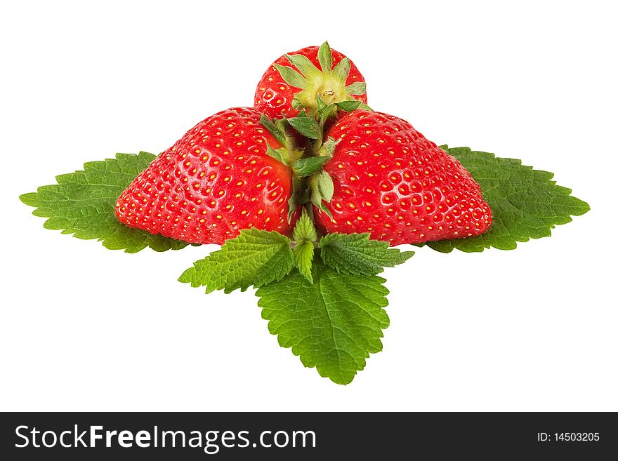 Strawberry on leaf with hand made clipping path