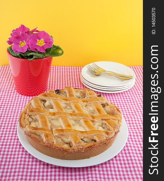 Apple pie with accesorries on a checkered tablecloth and a primula plant