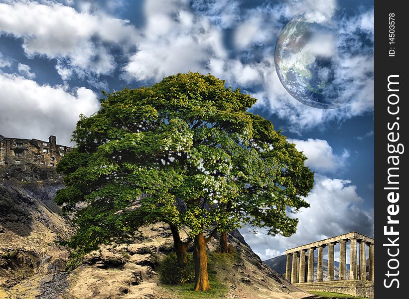 Mountain with ancient buildings