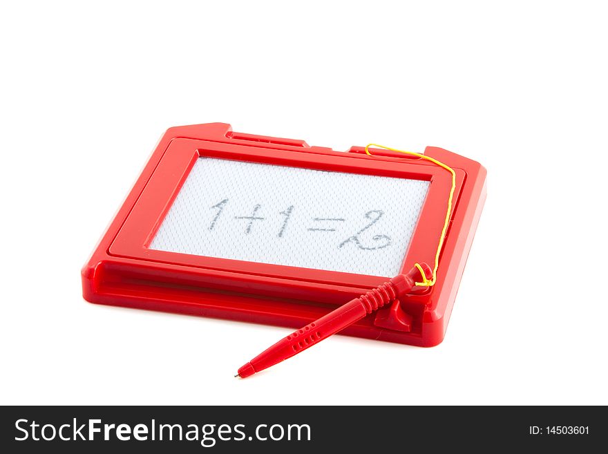 A plastic erasable drawing board with a pen on a string isolated over white