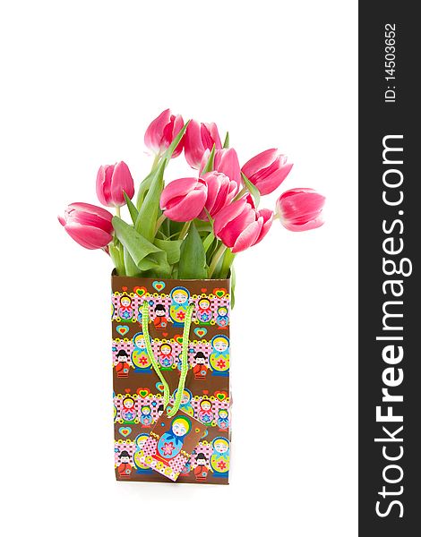 A bouquet of dark pink tulips in a babushka giftbag isolated over white
