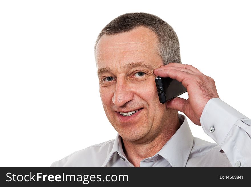 Senior man talking mobile isolated on white background