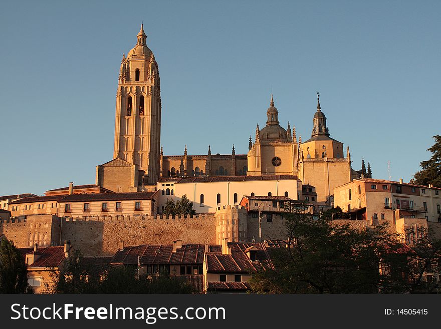 View to Segovia cathedral on sunset