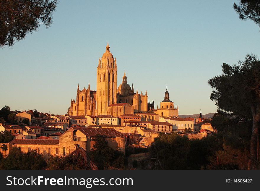 View to Segovia cathedral on sunset