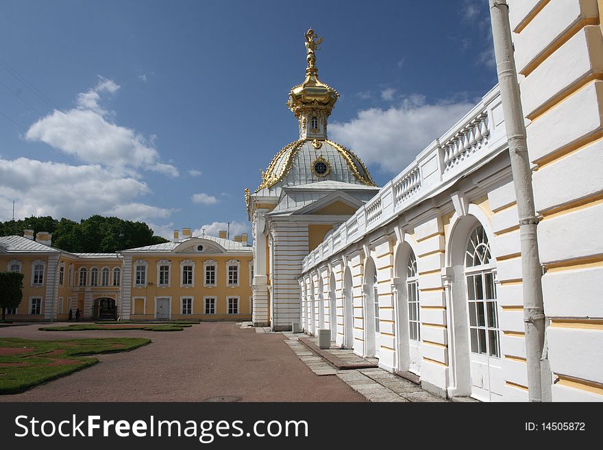 The fragment of Peterhof Great Palace facade, Saint-Petersburg, Russia.