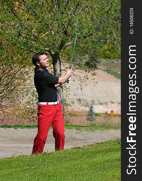 Young male golfer playing a shot from the bunker. Young male golfer playing a shot from the bunker