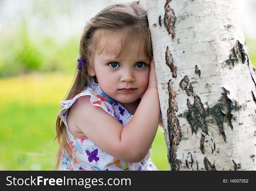 Little girl near birch