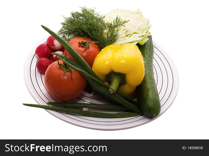 Ingredient for salad.
White plate is on the white backround.