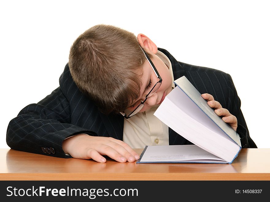 Boy looks in book termination isolated in white