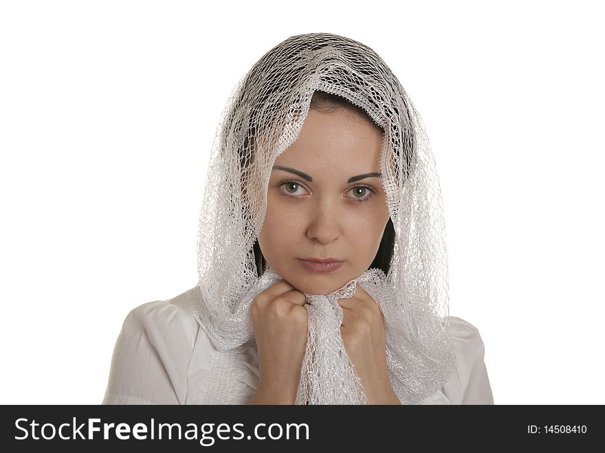 Defenceless woman with head scarf isolated in white