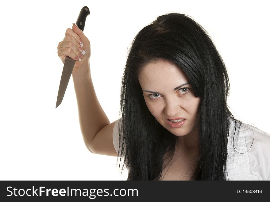 Aggressive woman with sharp knife isolated in white