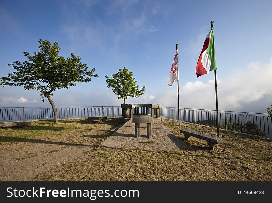 Observation point near the shrine of Nostra Signora della Guardia. The name â€œGuardiaâ€ in Italian means â€œwatchâ€ and the shrine is so called because the Mount Figogna, in the Middle Ages was a strategic observation post to control displacement of armies along Valpolcevera and ships in the sea in front of Genoa.