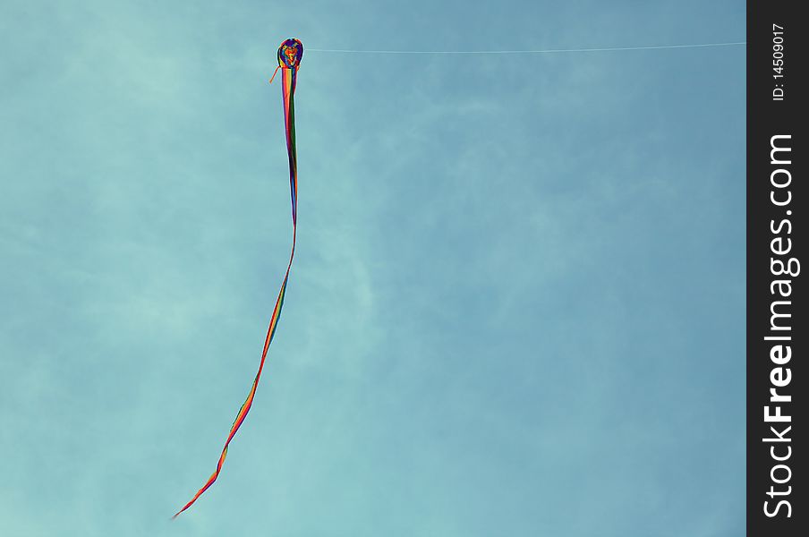 View of kite flying against a cloudy sky.