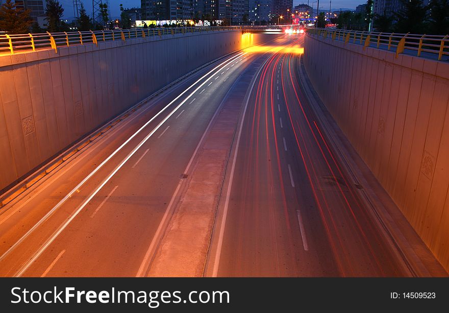 Blurred Motion of Car Lights on Highway at Night. Blurred Motion of Car Lights on Highway at Night