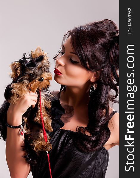 Young beautiful brunette woman in a black dress with a Yorkshire terrier. Young beautiful brunette woman in a black dress with a Yorkshire terrier