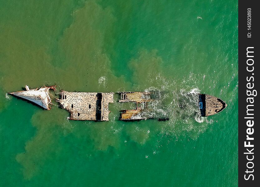 Sunken Ship Aerial at Seacliff beach, California, USA