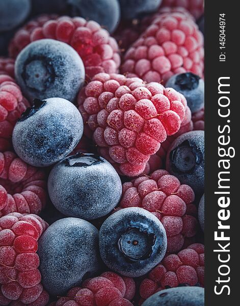 Closeup of Frozen Raspberries and Blueberries