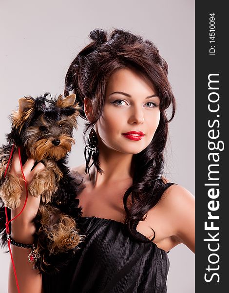 Young beautiful brunette woman in a black dress with a Yorkshire terrier. Young beautiful brunette woman in a black dress with a Yorkshire terrier