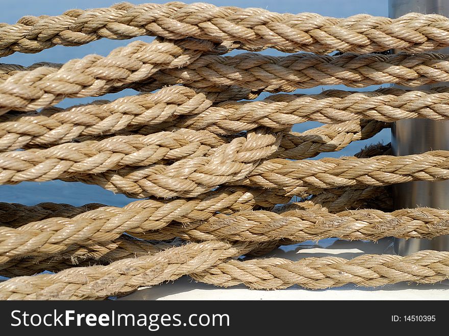 Many knots made of ropes on a ship