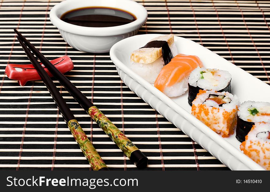 An image of a set of sushi and chopsticks