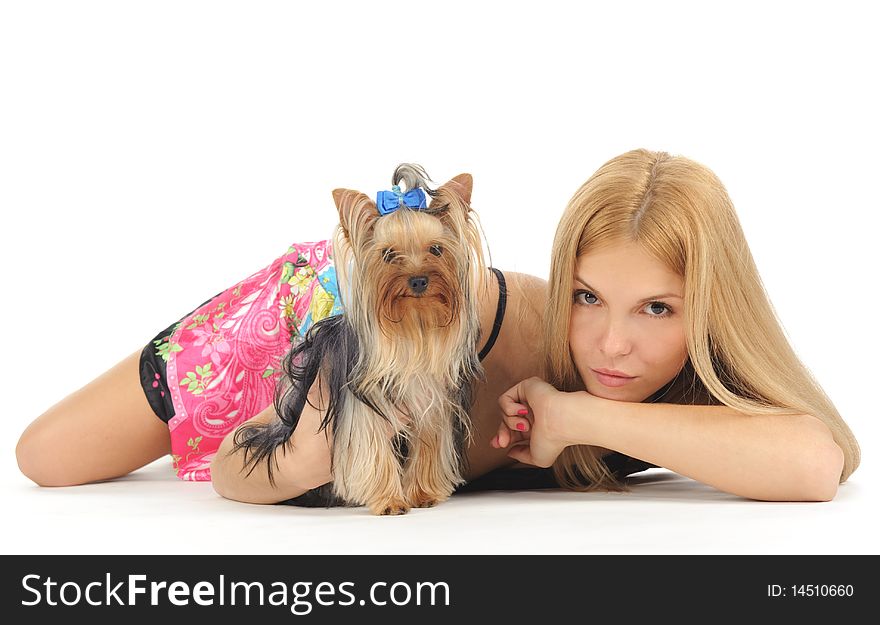 Blonde posing with small dog. Blonde posing with small dog