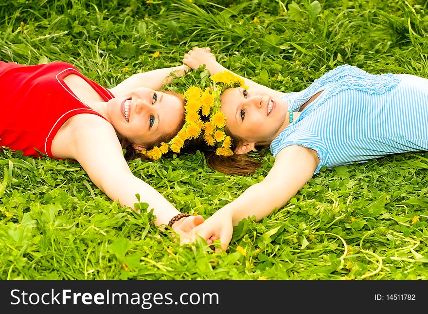 Young smiling women on the grass. Young smiling women on the grass