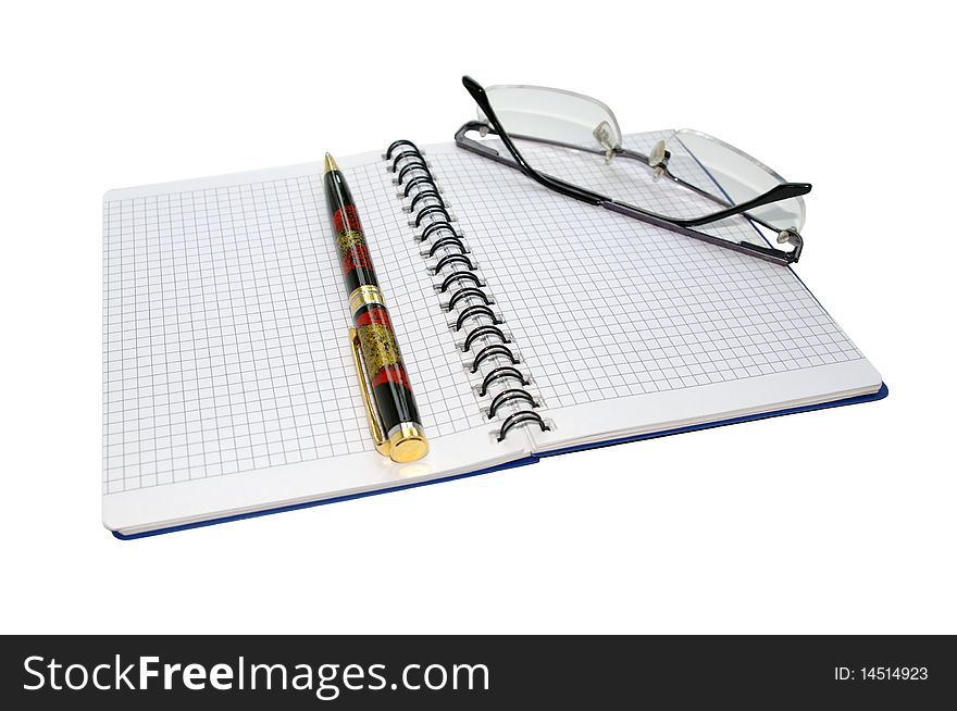 Notepad, pen and glasses (white background)