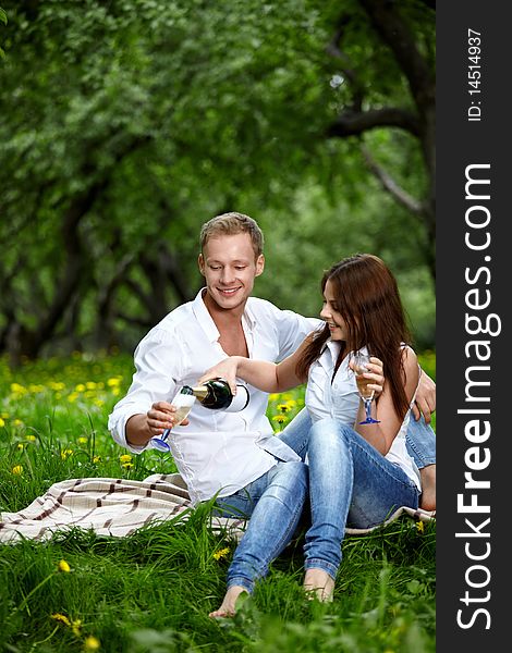 The attractive enamoured couple drinks champagne in park. The attractive enamoured couple drinks champagne in park