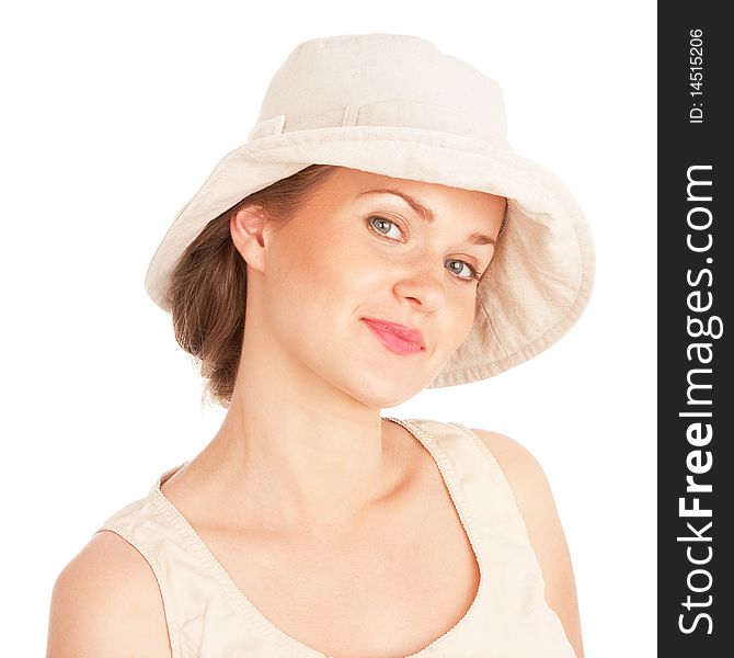 Smiling girl in hat isolated on white