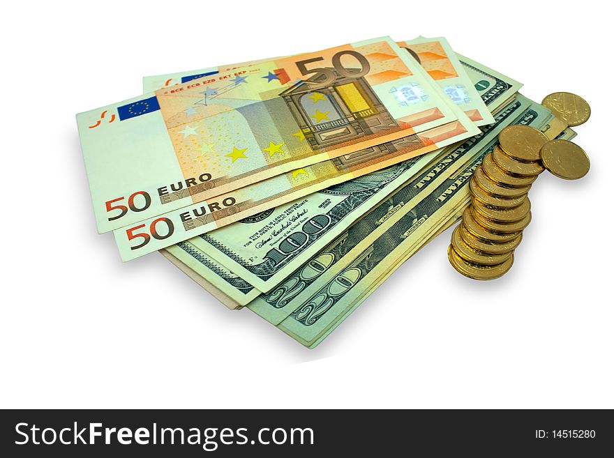 Dollars euros and coins located on a white background