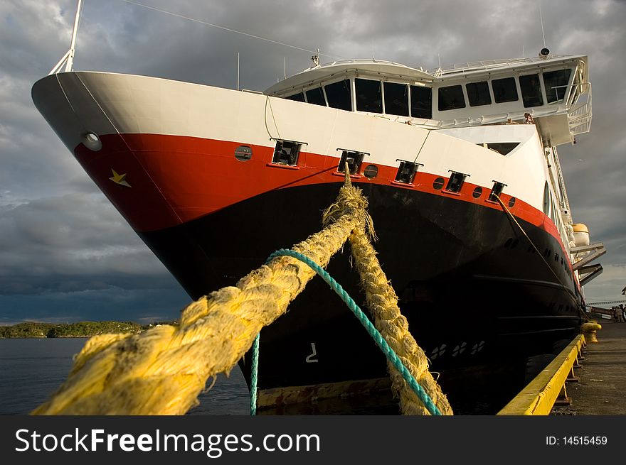 Large ship secured with strong rope